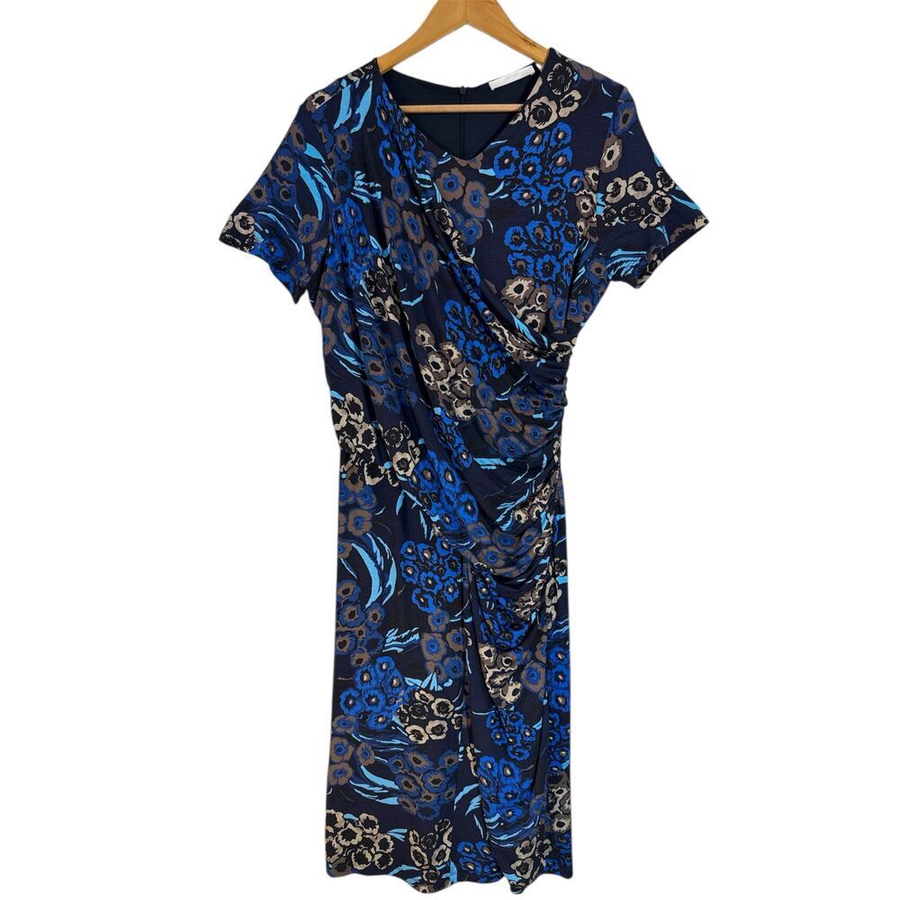 BOSS Hugo Boss Blue Multicolor Floral Midi Wrap Dress V-Neck Short Sleeve Sz M - Picture 3 of 11
